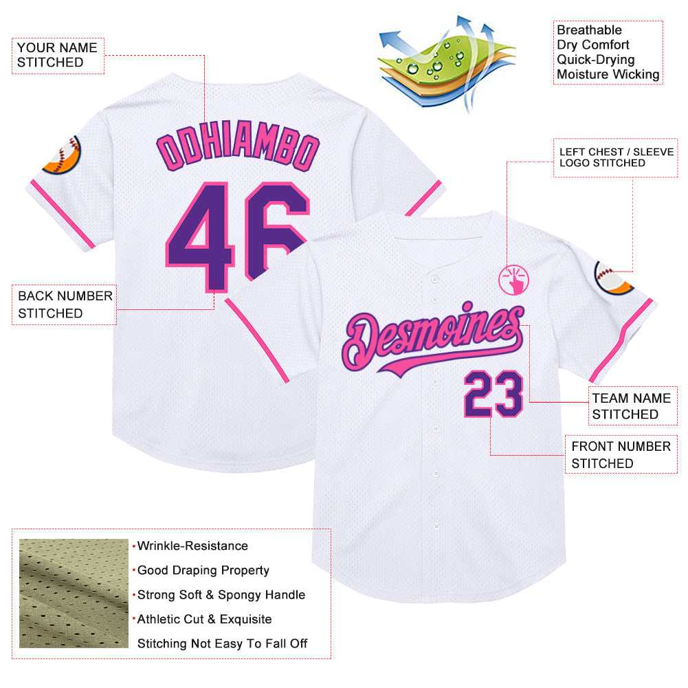 Custom White Purple-Pink Mesh Authentic Throwback Baseball Jersey - Sky-Custom