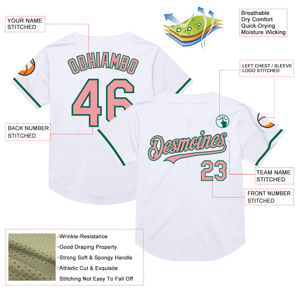 Custom White Medium Pink-Kelly Green Mesh Authentic Throwback Baseball Jersey - Sky-Custom