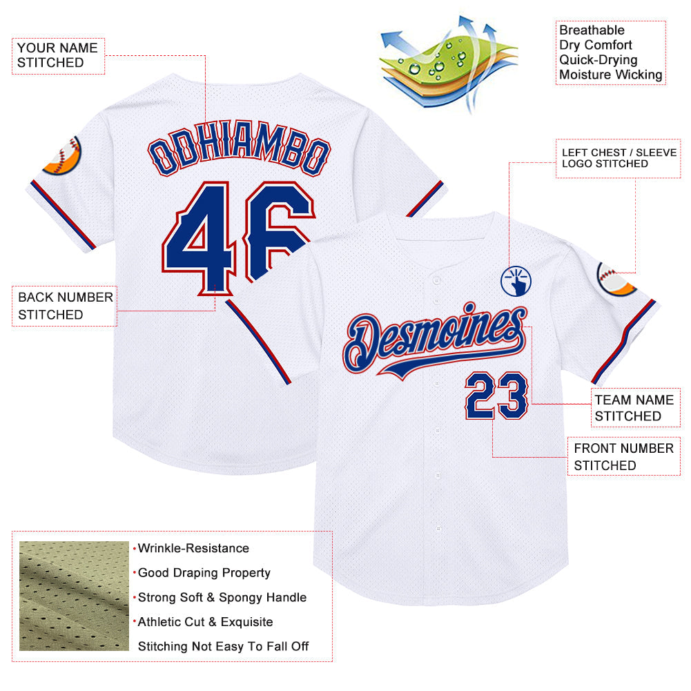 Custom White Royal-Red Mesh Authentic Throwback Baseball Jersey - Sky-Custom