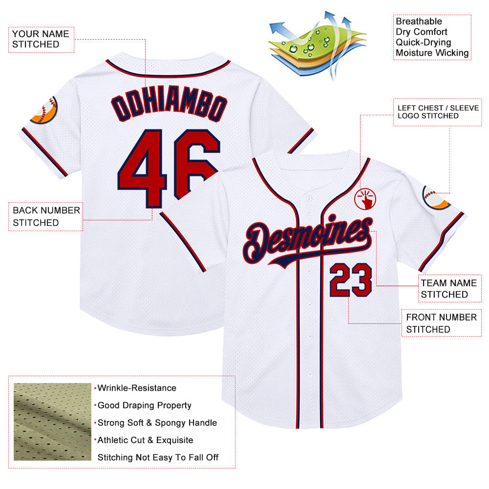 Custom White Red-Navy Mesh Authentic Throwback Baseball Jersey - Sky-Custom