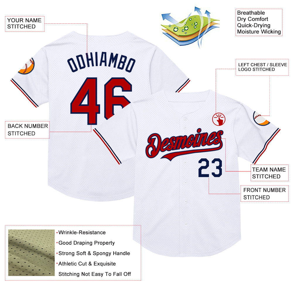 Custom White Red-Navy Mesh Authentic Throwback Baseball Jersey - Sky-Custom