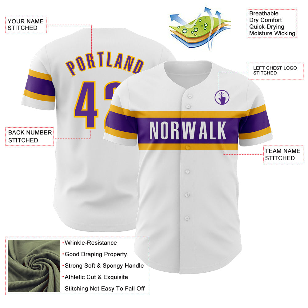 Custom White Purple-Gold Authentic Baseball Jersey - Sky-Custom
