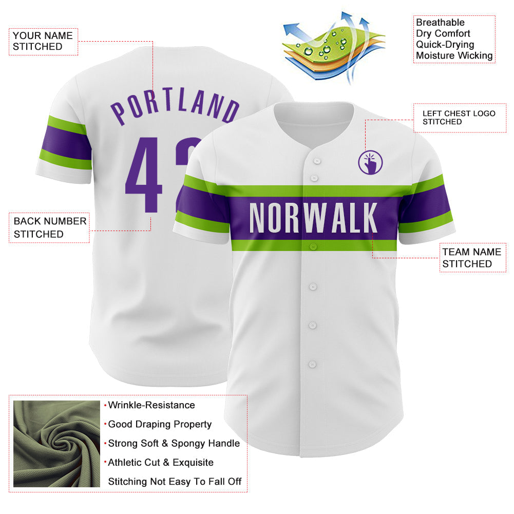 Custom White Purple-Neon Green Authentic Baseball Jersey - Sky-Custom