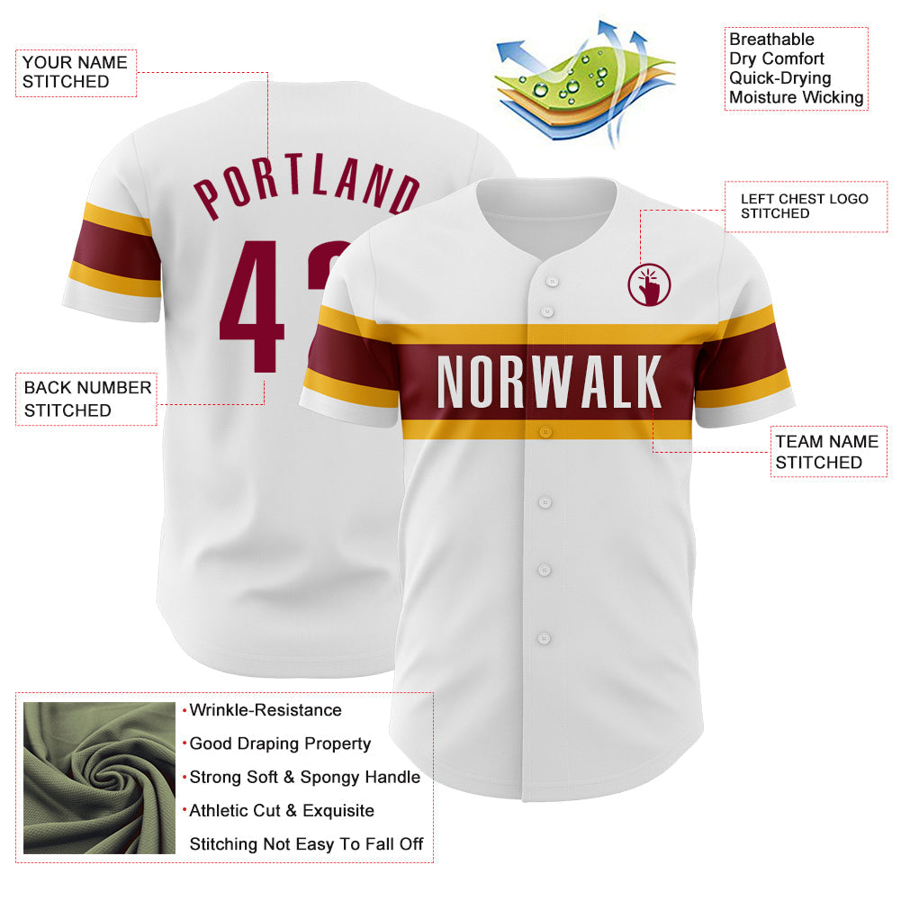 Custom White Maroon-Gold Authentic Baseball Jersey - Sky-Custom