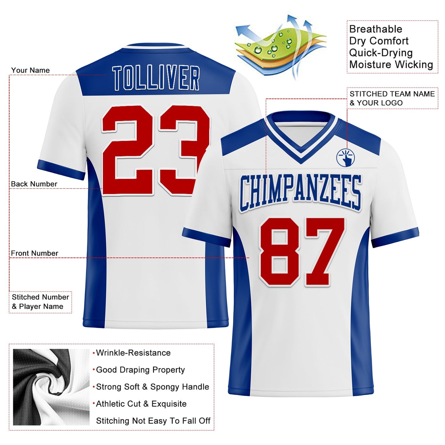 Custom White Red-Royal Mesh Authentic Football Jersey - Sky-Custom