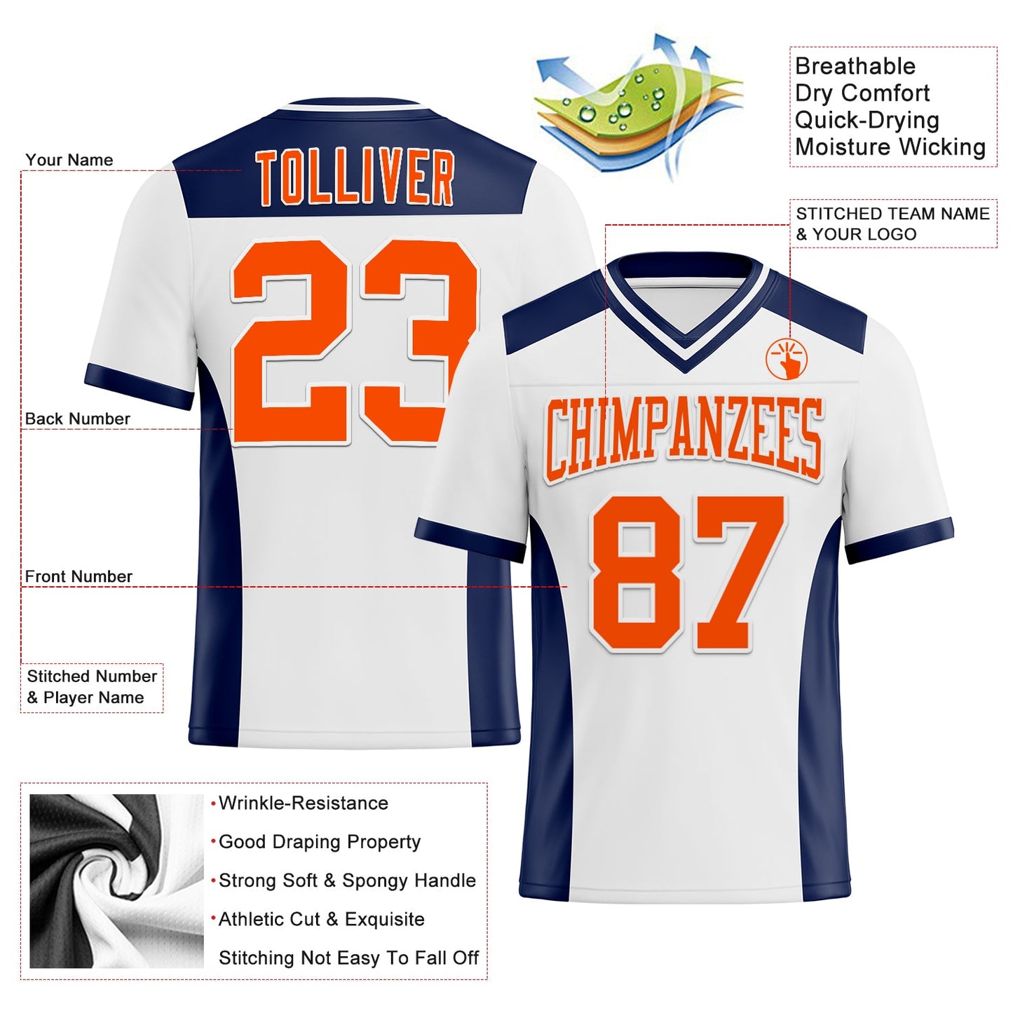 Custom White Orange-Navy Mesh Authentic Football Jersey - Sky-Custom