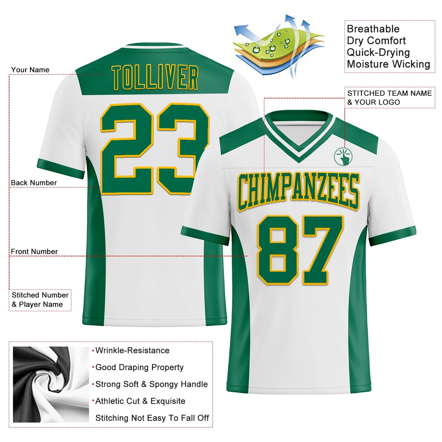 Custom White Kelly Green-Gold Mesh Authentic Football Jersey - Sky-Custom