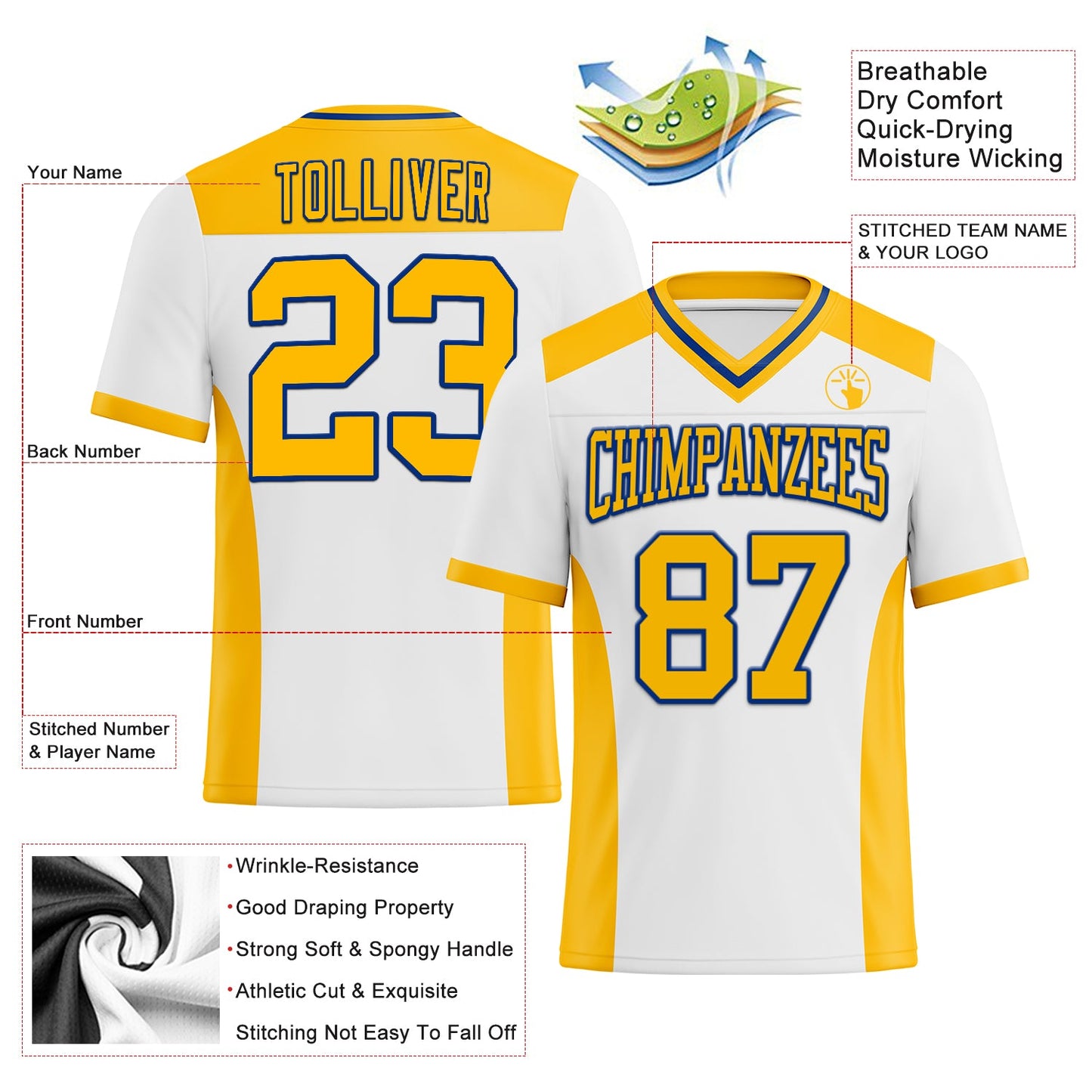 Custom White Gold-Royal Mesh Authentic Football Jersey - Sky-Custom