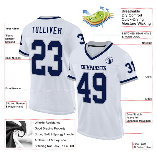 Custom White Navy-Gray Mesh Authentic Throwback Football Jersey - Sky-Custom