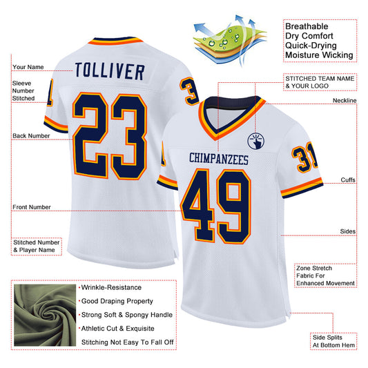 Custom White Navy Gold-Orange Mesh Authentic Throwback Football Jersey - Sky-Custom