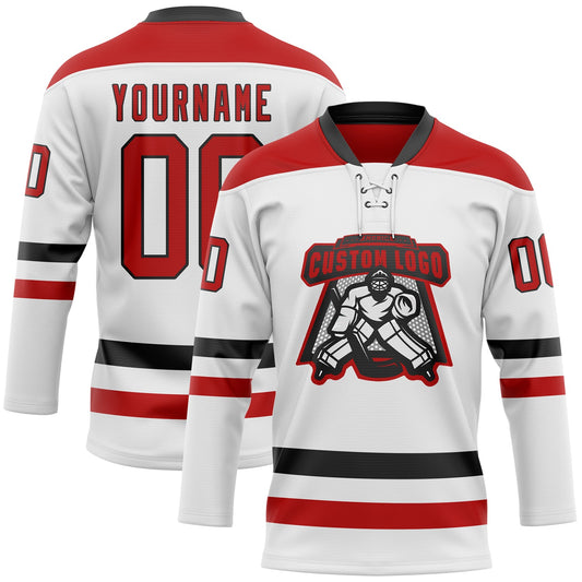 Custom White Red-Black Hockey Lace Neck Jersey - Sky-Custom