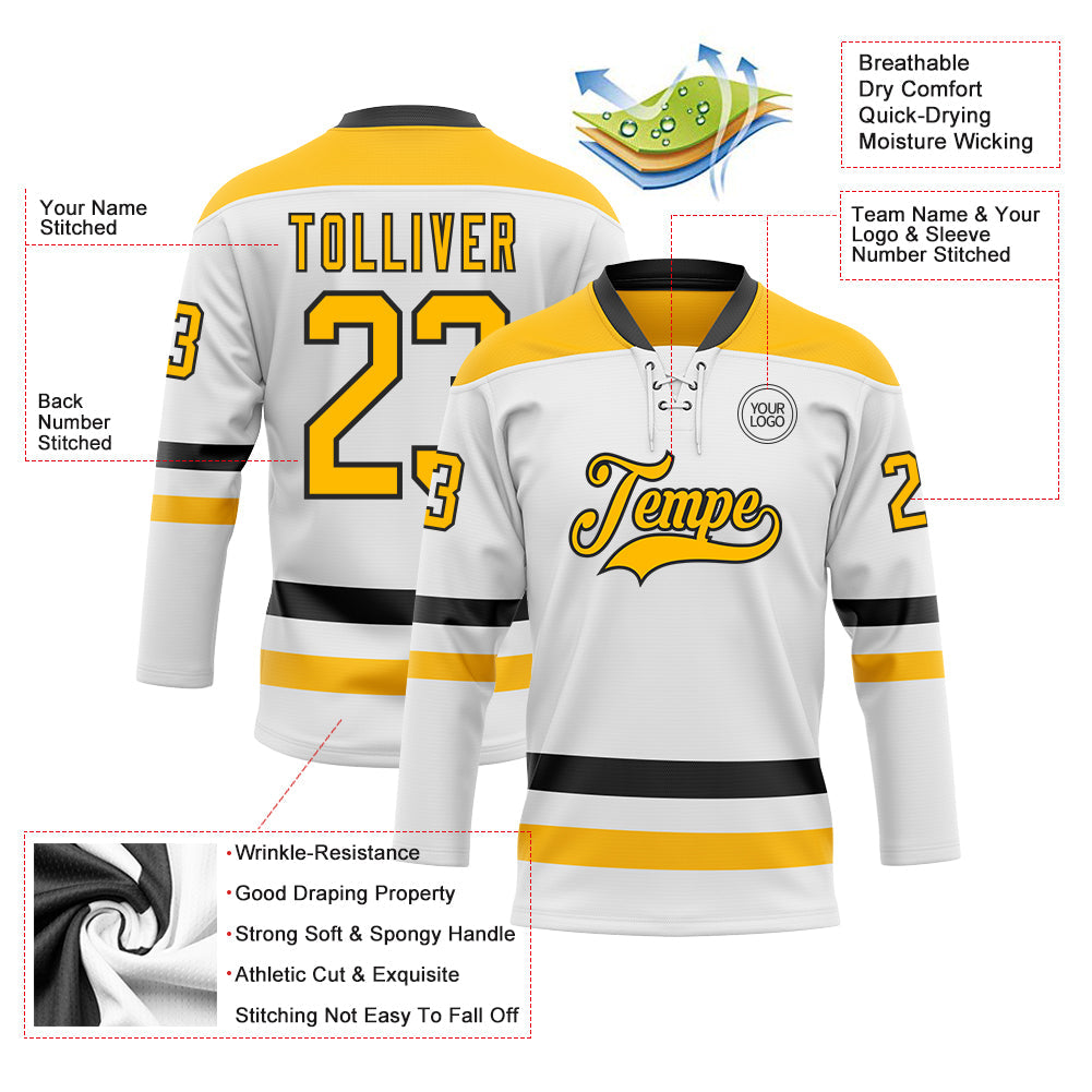 Custom White Gold-Black Hockey Lace Neck Jersey - Sky-Custom