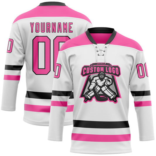 Custom White Pink-Black Hockey Lace Neck Jersey - Sky-Custom