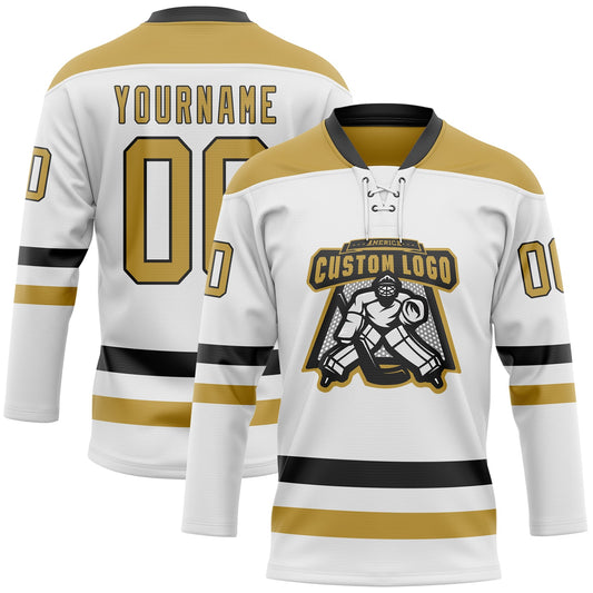Custom White Old Gold-Black Hockey Lace Neck Jersey - Sky-Custom