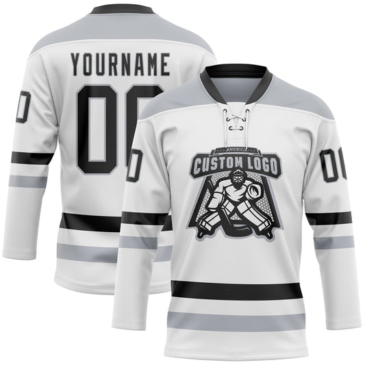 Custom White Black-Gray Hockey Lace Neck Jersey - Sky-Custom