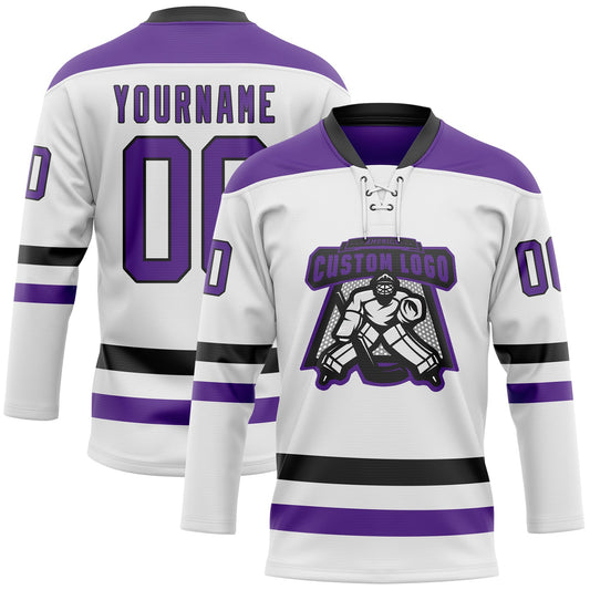 Custom White Purple-Black Hockey Lace Neck Jersey - Sky-Custom
