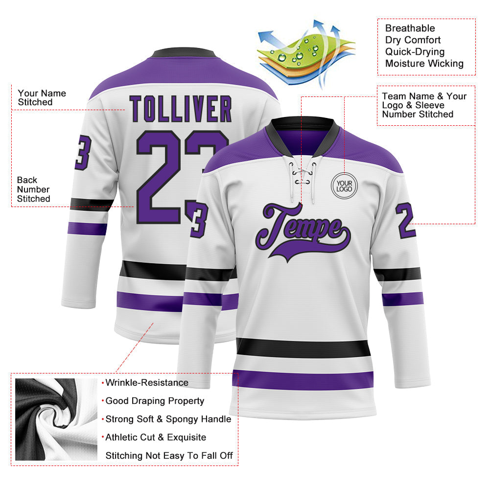 Custom White Purple-Black Hockey Lace Neck Jersey - Sky-Custom