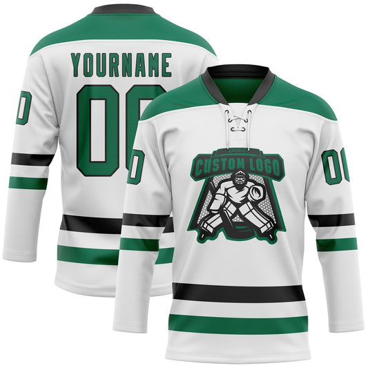 Custom White Kelly Green-Black Hockey Lace Neck Jersey - Sky-Custom