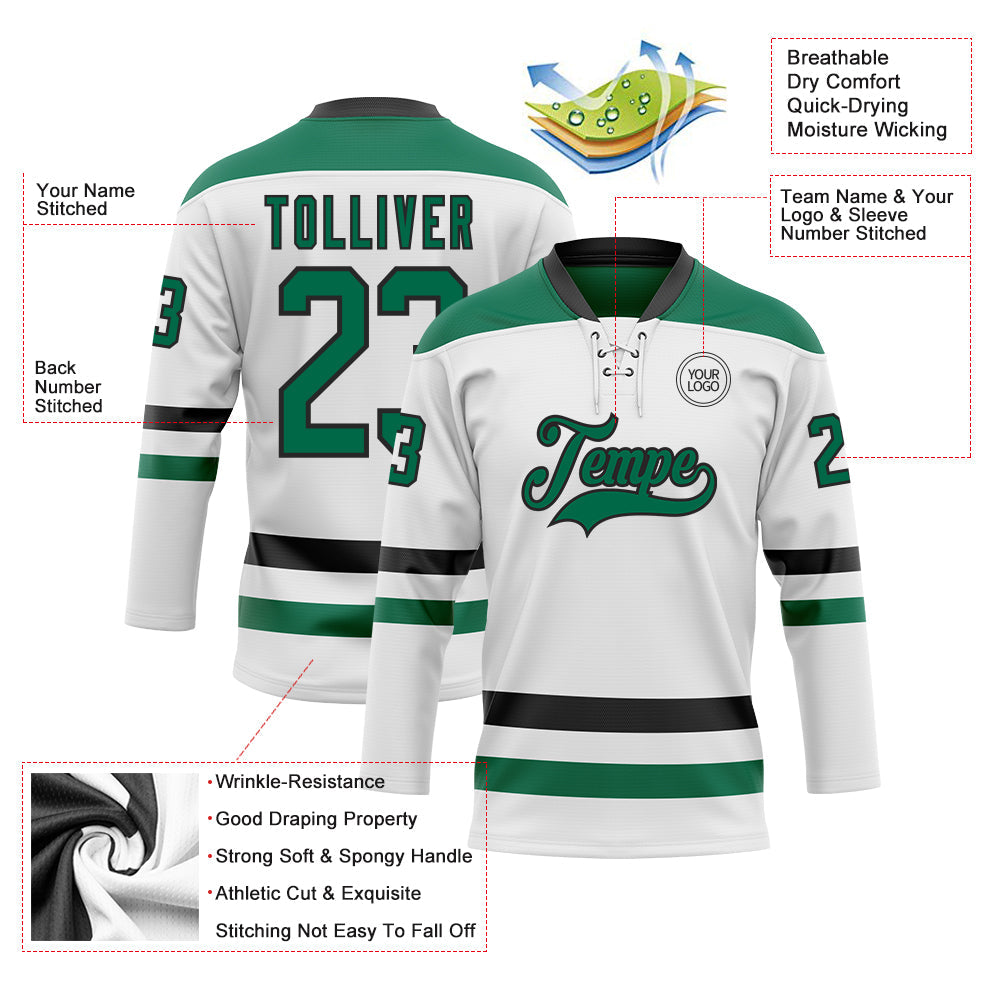 Custom White Kelly Green-Black Hockey Lace Neck Jersey - Sky-Custom