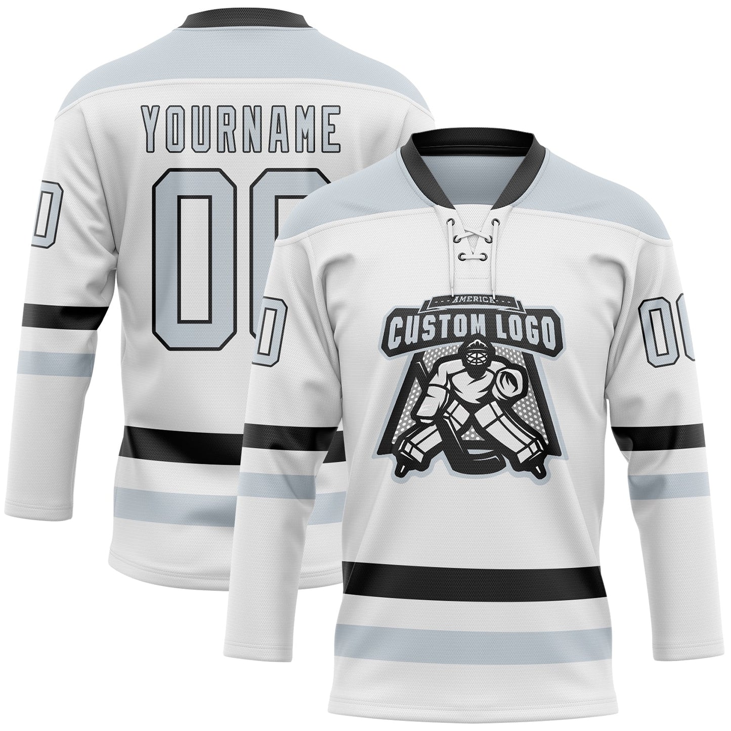 Custom White Silver-Black Hockey Lace Neck Jersey - Sky-Custom