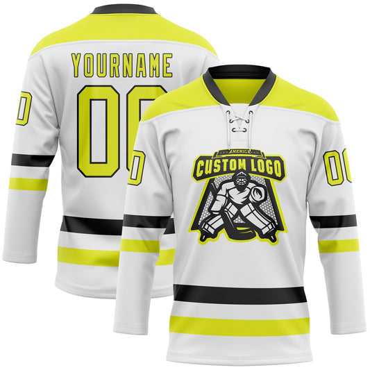 Custom White Neon Yellow-Black Hockey Lace Neck Jersey - Sky-Custom