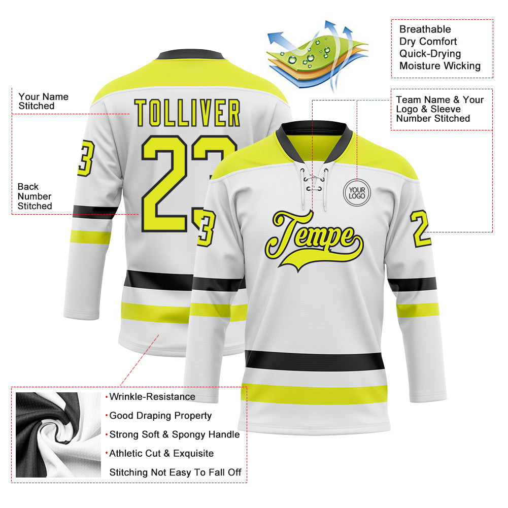 Custom White Neon Yellow-Black Hockey Lace Neck Jersey - Sky-Custom