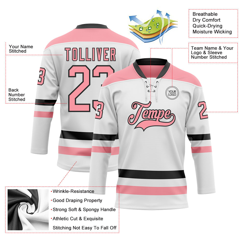 Custom White Medium Pink-Black Hockey Lace Neck Jersey - Sky-Custom