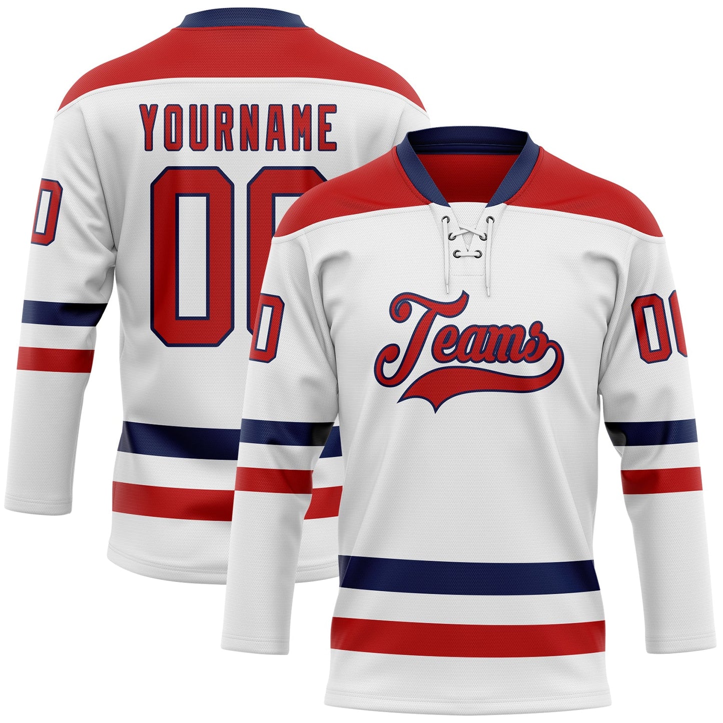 Custom White Red-Navy Hockey Lace Neck Jersey - Sky-Custom