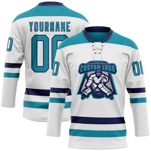 Custom White Teal-Navy Hockey Lace Neck Jersey - Sky-Custom