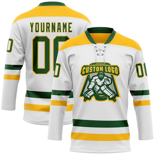 Custom White Green-Gold Hockey Lace Neck Jersey - Sky-Custom