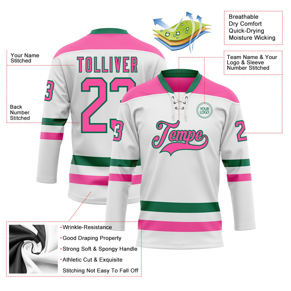 Custom White Pink-Kelly Green Hockey Lace Neck Jersey - Sky-Custom