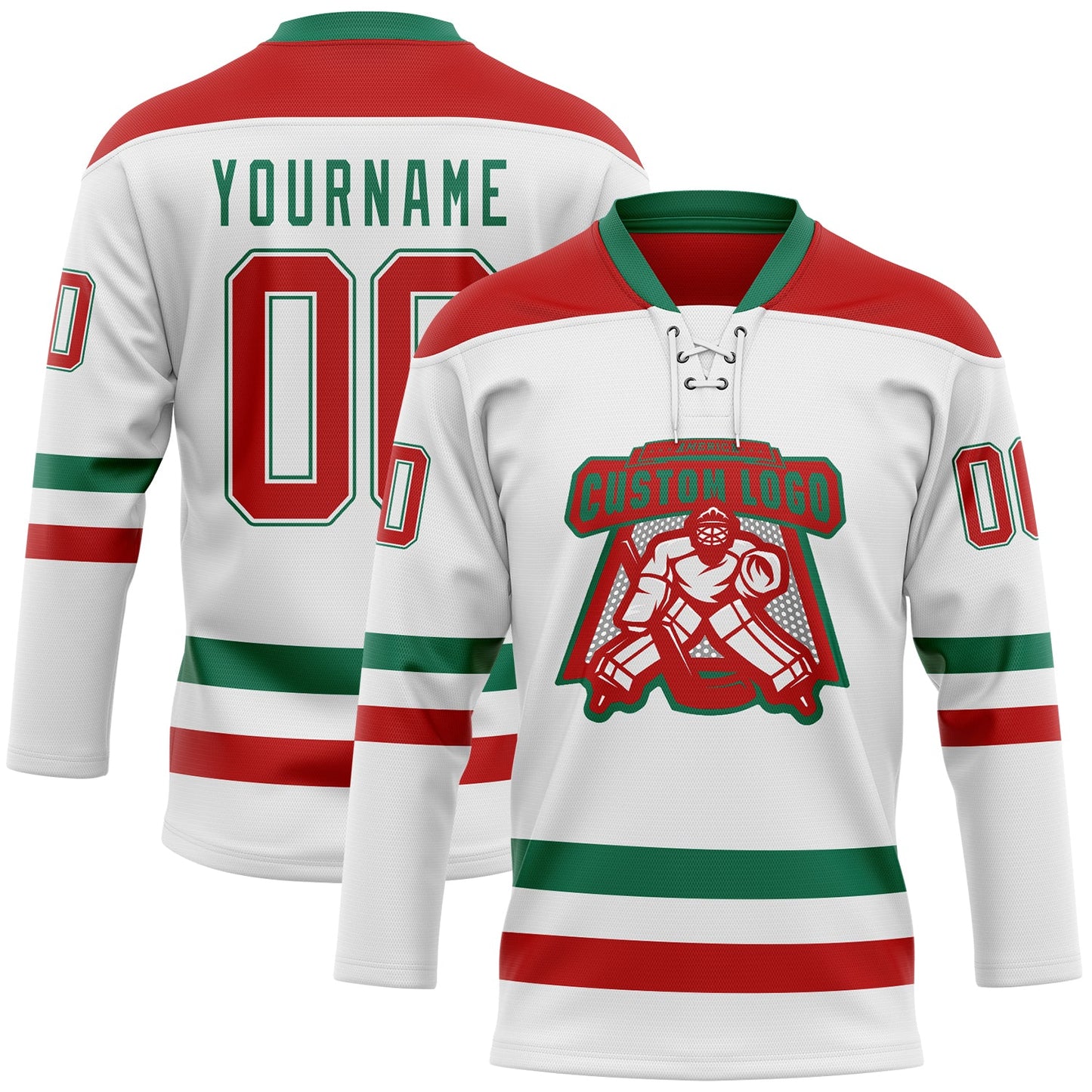 Custom White Red-Kelly Green Hockey Lace Neck Jersey - Sky-Custom