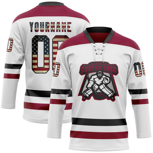 Custom White Vintage USA Flag Black-Maroon Hockey Lace Neck Jersey - Sky-Custom
