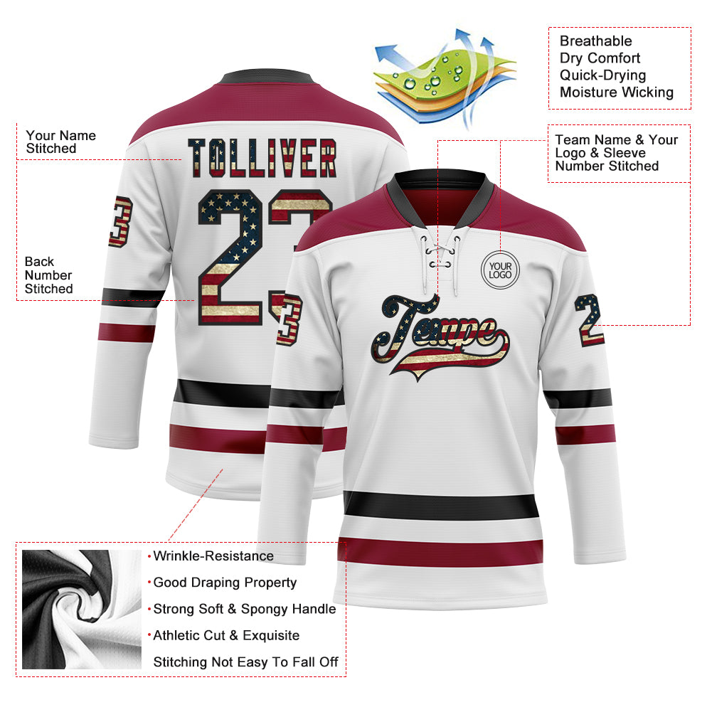 Custom White Vintage USA Flag Black-Maroon Hockey Lace Neck Jersey - Sky-Custom