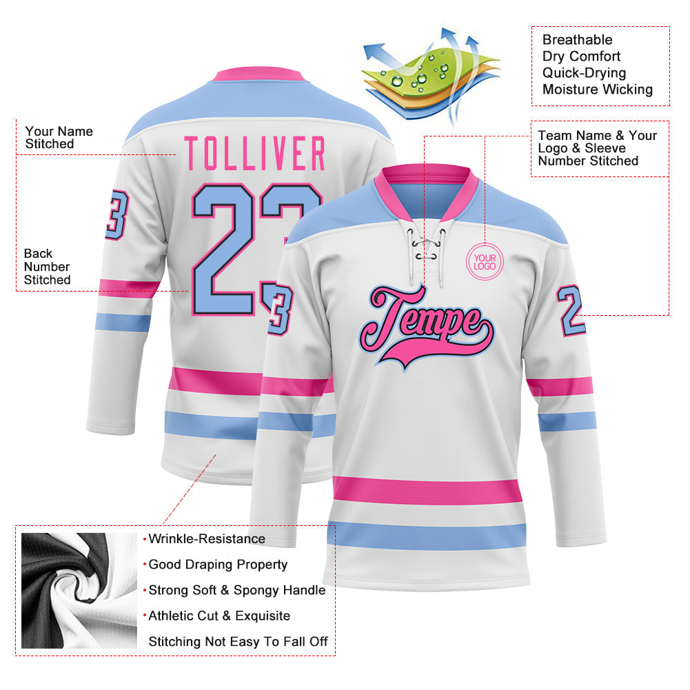 Custom White Light Blue Black-Pink Hockey Lace Neck Jersey - Sky-Custom