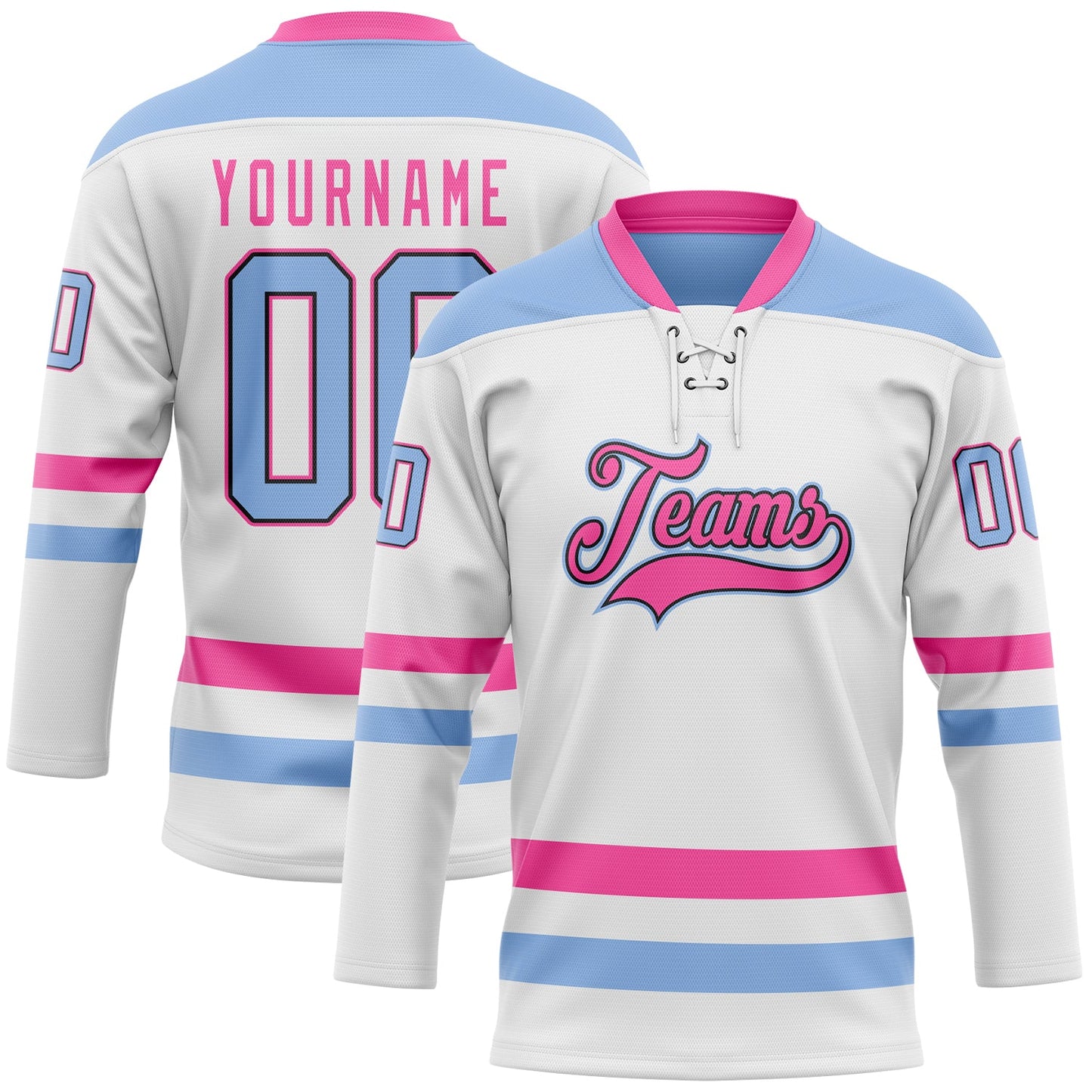 Custom White Light Blue Black-Pink Hockey Lace Neck Jersey - Sky-Custom