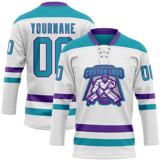 Custom White Teal-Purple Hockey Lace Neck Jersey - Sky-Custom