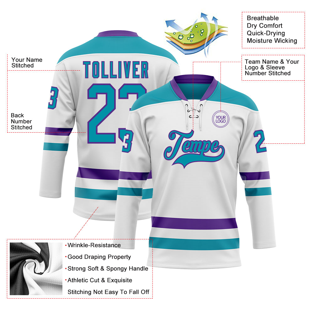 Custom White Teal-Purple Hockey Lace Neck Jersey - Sky-Custom