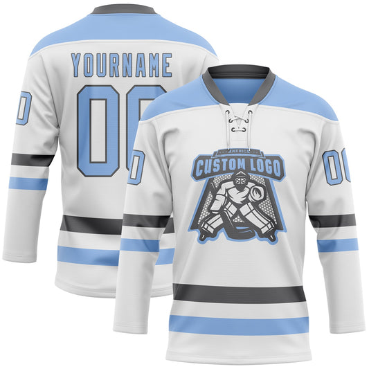 Custom White Light Blue-Steel Gray Hockey Lace Neck Jersey - Sky-Custom