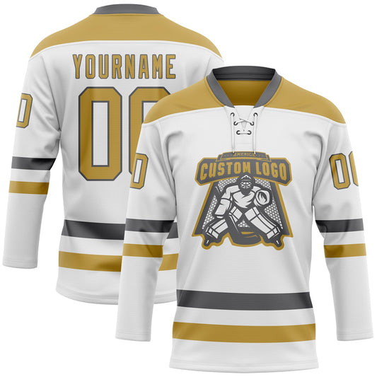 Custom White Old Gold-Steel Gray Hockey Lace Neck Jersey - Sky-Custom