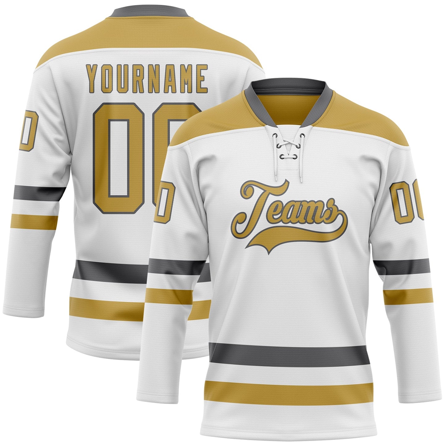 Custom White Old Gold-Steel Gray Hockey Lace Neck Jersey - Sky-Custom