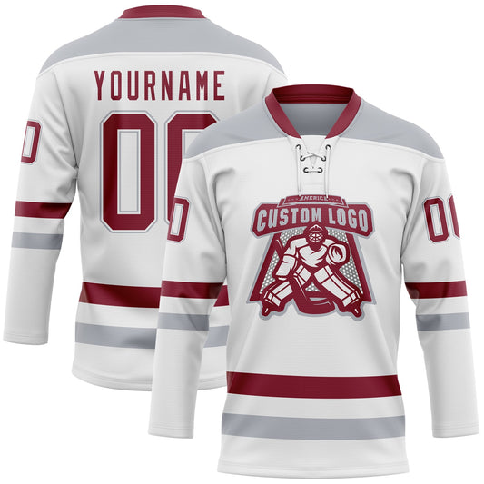 Custom White Crimson-Gray Hockey Lace Neck Jersey - Sky-Custom