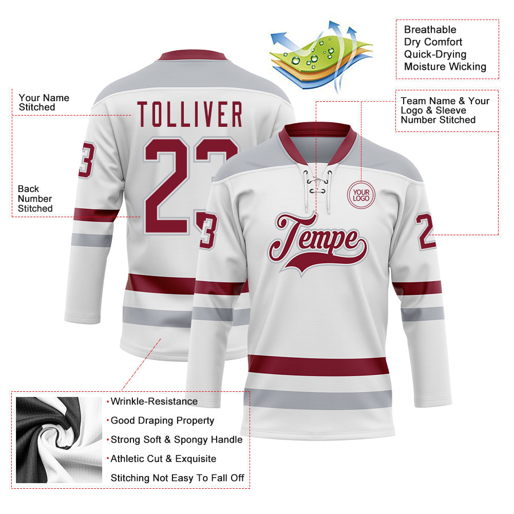 Custom White Crimson-Gray Hockey Lace Neck Jersey - Sky-Custom