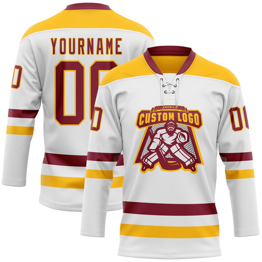 Custom White Crimson-Gold Hockey Lace Neck Jersey - Sky-Custom