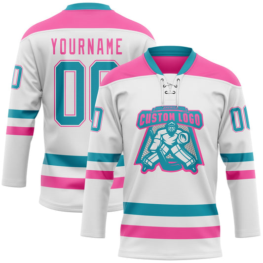 Custom White Teal-Pink Hockey Lace Neck Jersey - Sky-Custom