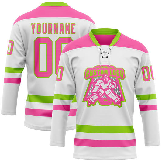 Custom White Pink-Neon Green Hockey Lace Neck Jersey - Sky-Custom