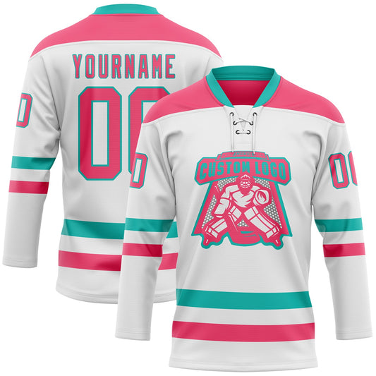 Custom White Neon Pink-Aqua Hockey Lace Neck Jersey - Sky-Custom