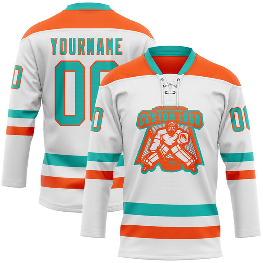 Custom White Aqua-Orange Hockey Lace Neck Jersey - Sky-Custom