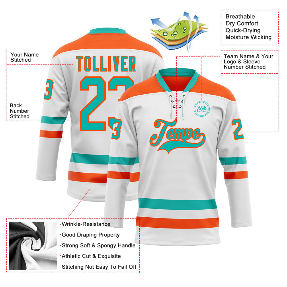 Custom White Aqua-Orange Hockey Lace Neck Jersey - Sky-Custom