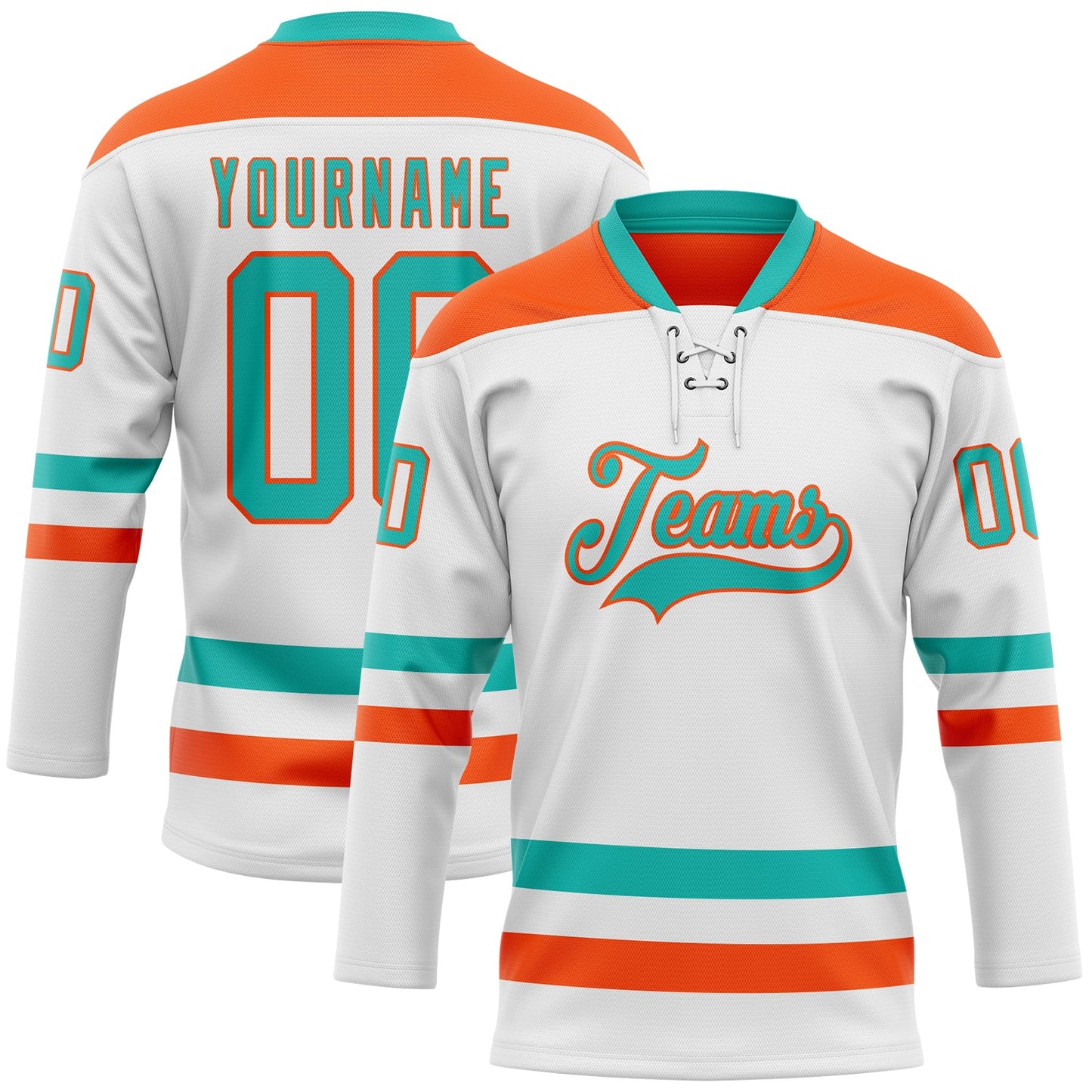 Custom White Aqua-Orange Hockey Lace Neck Jersey - Sky-Custom